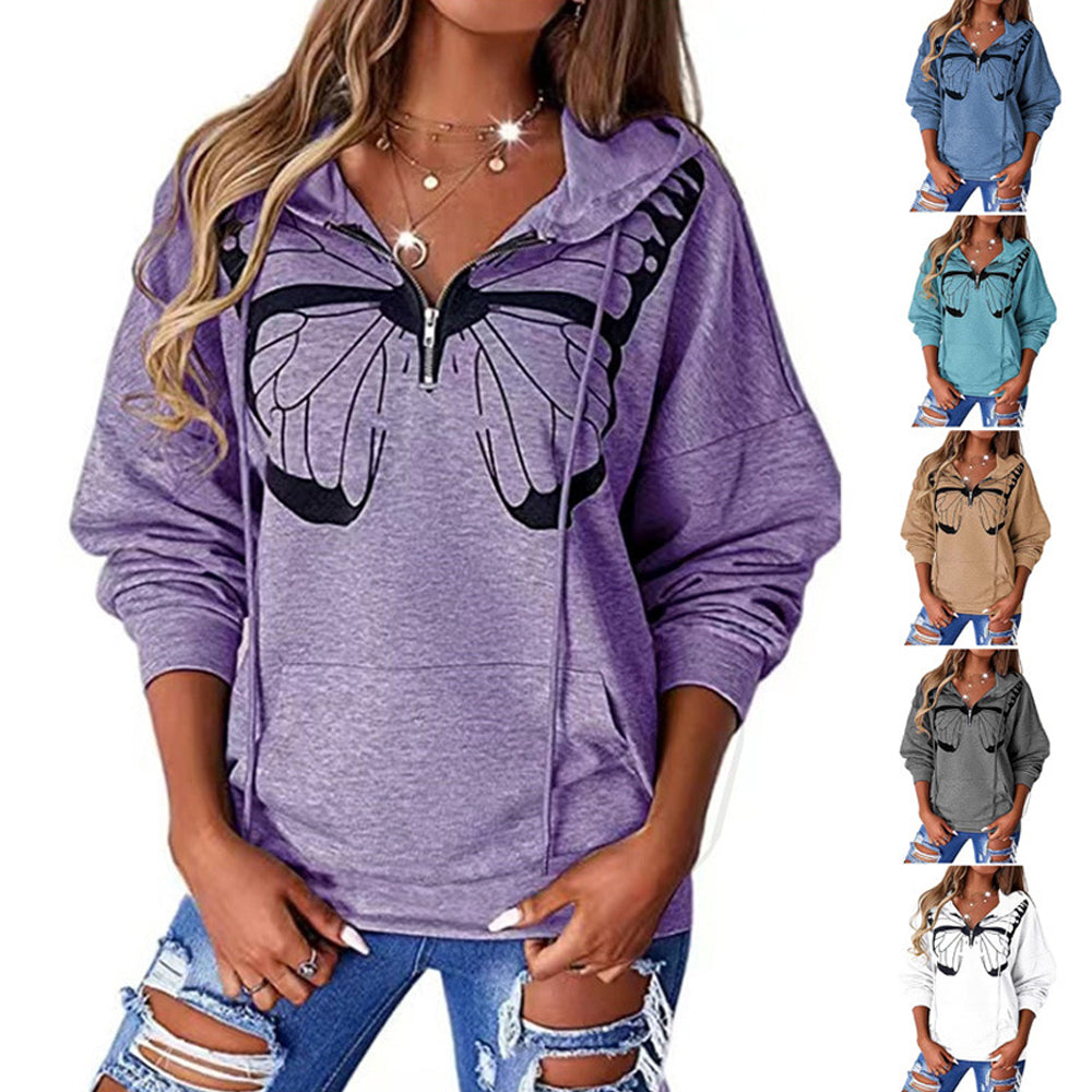 Macymars™ Women's Butterfly Print Hooded Zipper Sweatshirt