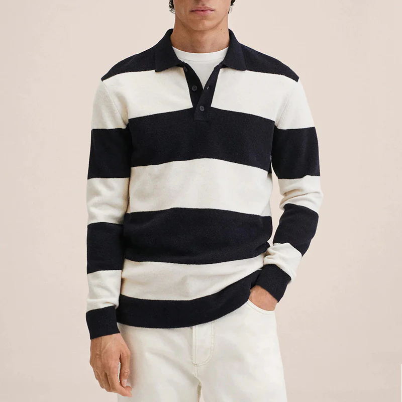 Macymars™ Lapel Half Button Contrast Striped Casual Pullover