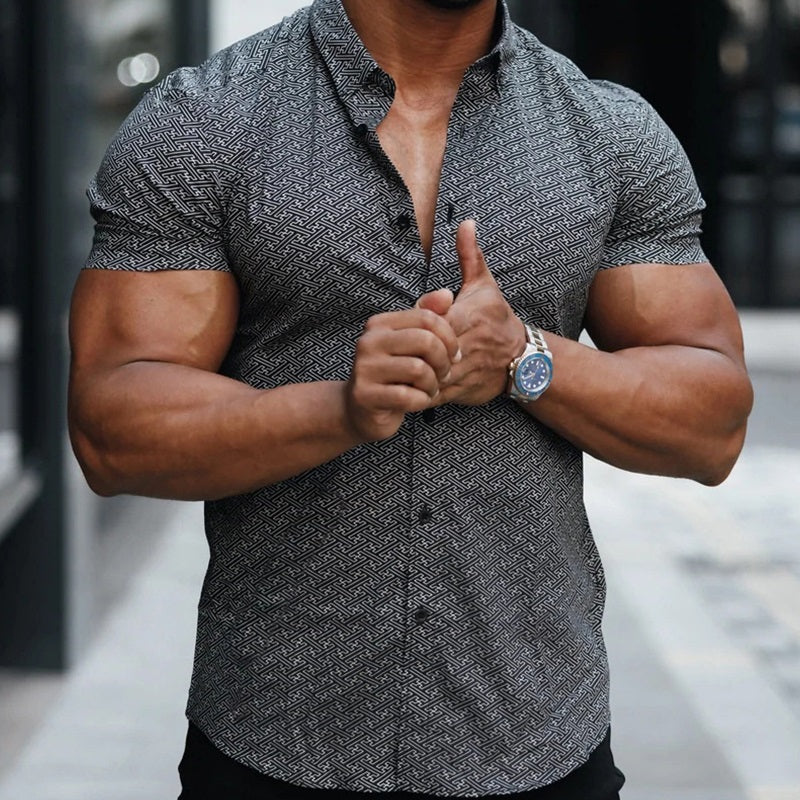 Macymars™ Casual Plus Size Black Digital Print Men's Bowling Shirt