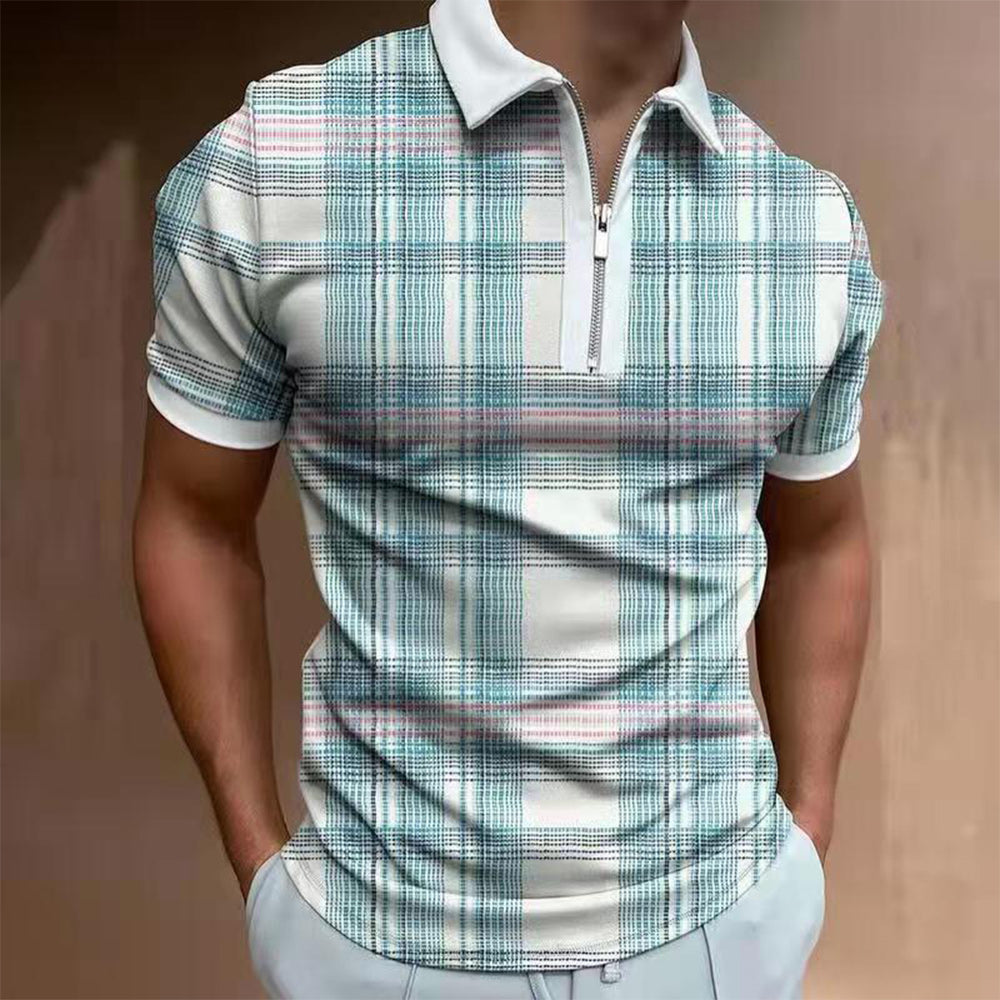 Macymars™ Men's Check Lapel Short Sleeve Zip Polo Shirt