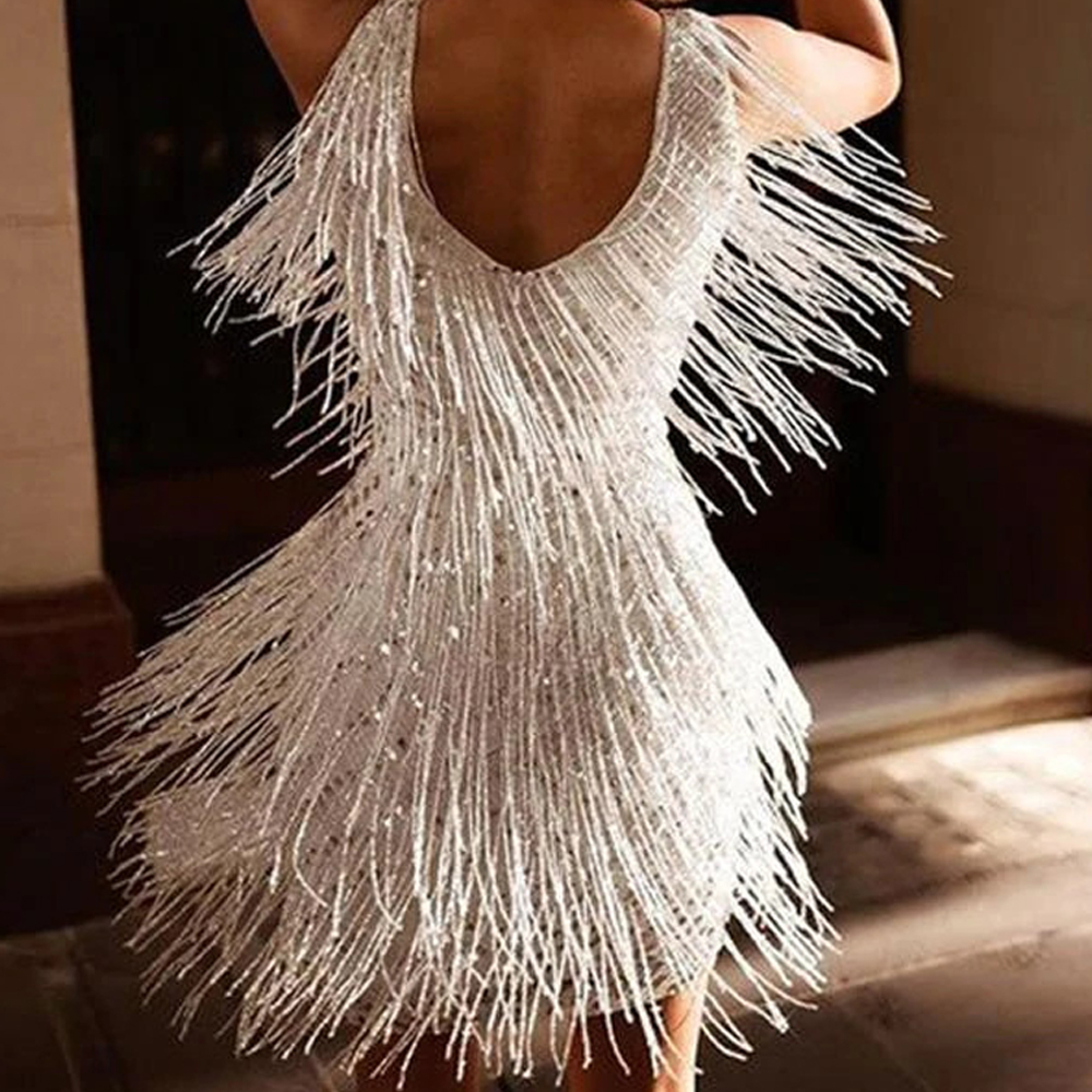 Macymars™ White Suspender Deep V Fringed Temperament Sexy Dress