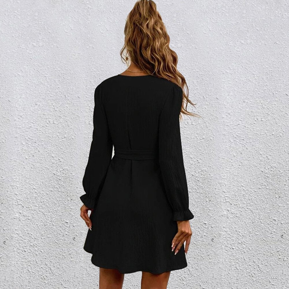 Macymars™ Women Long Sleeve Solid Color V Neck Loose Mid Swing Dresses