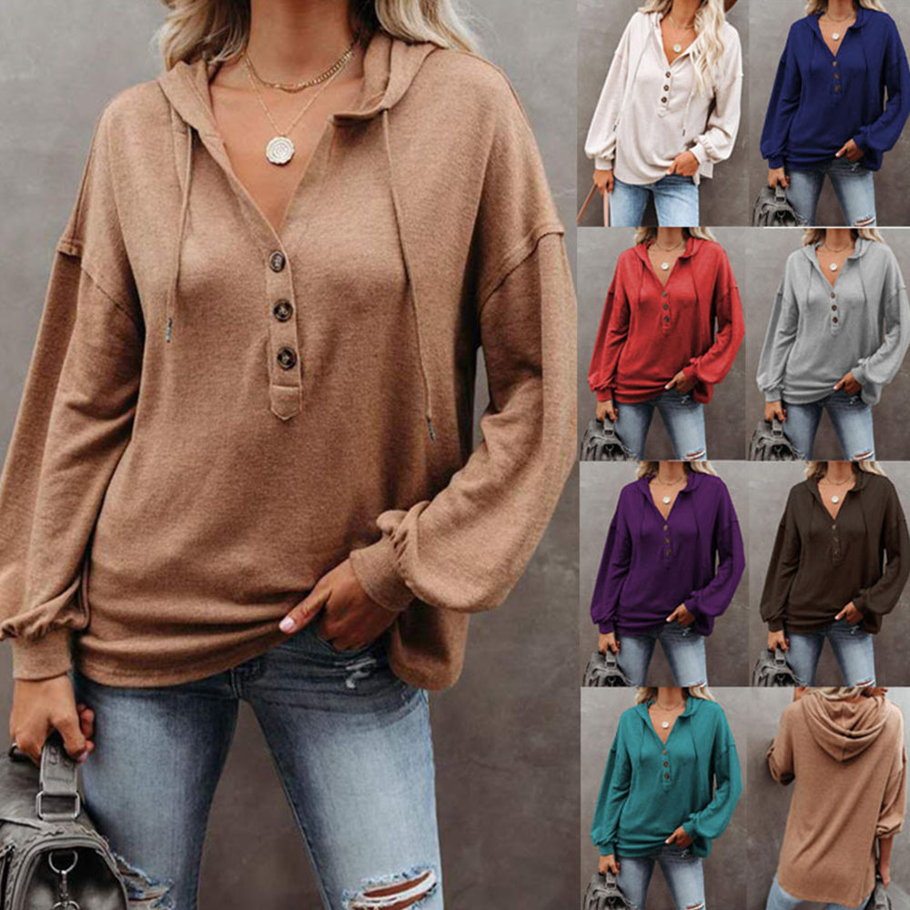 Macymars™ Women's Solid Color V-Neck Button Hooded Loose Long Sleeve Sweatshirt