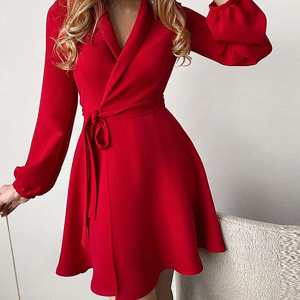 Macymars™ Women's Fashion V-neck Casual Slit Printing Splicing Long Sleeve Belt Dress