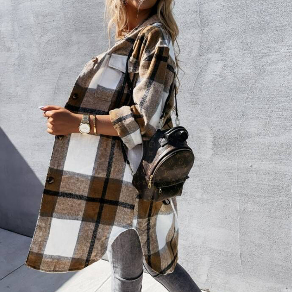 Macymars™ Women's Fashion Long Plaid Shirt Jacket