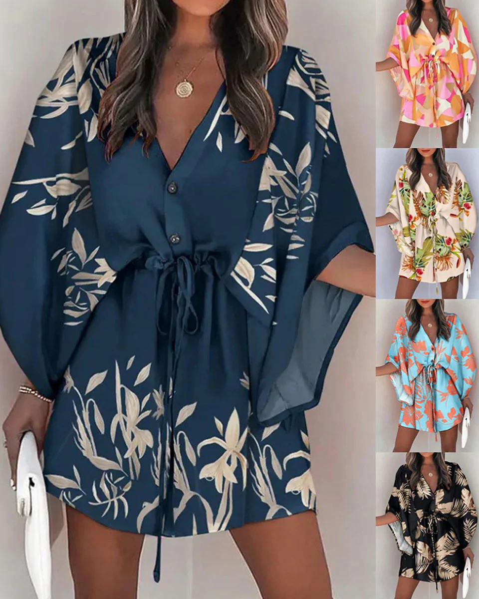 Macymars™ Printed V-Neck Bat Sleeve Button Drawstring Dress 2022 New