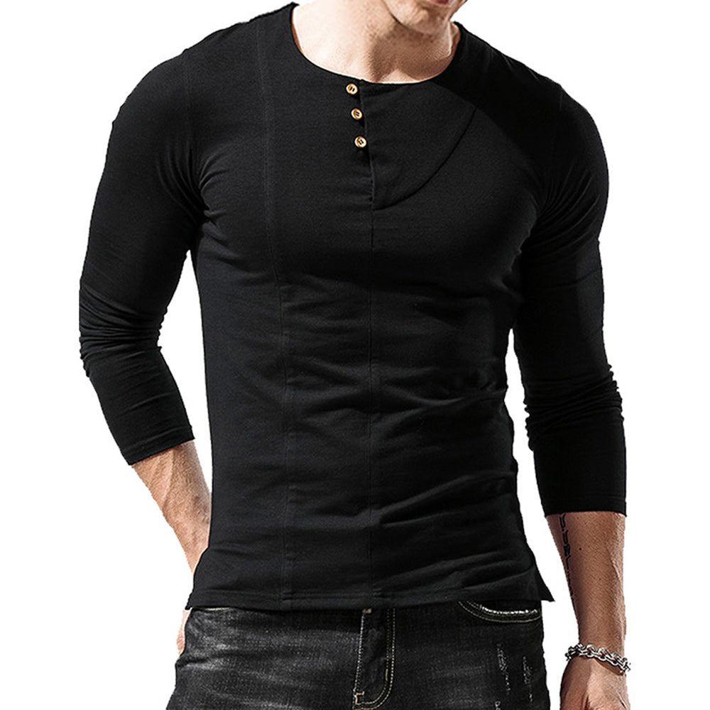 Macymars™ Men's Long Sleeve Solid Color Round Neck Button T-Shirt