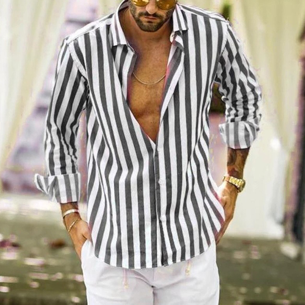 Macymars™ Mens Fashion Striped Button Down Print Lapel Shirt