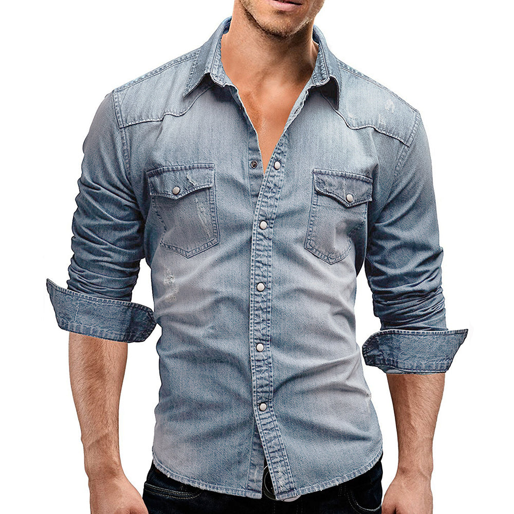 Macymars™ Men's Long Sleeve Lapel Pocket Denim Shirt