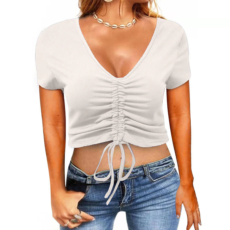 Macymars™ Fashionable Drawstring Crop Neck V Neck Sport Women's T-Shirt