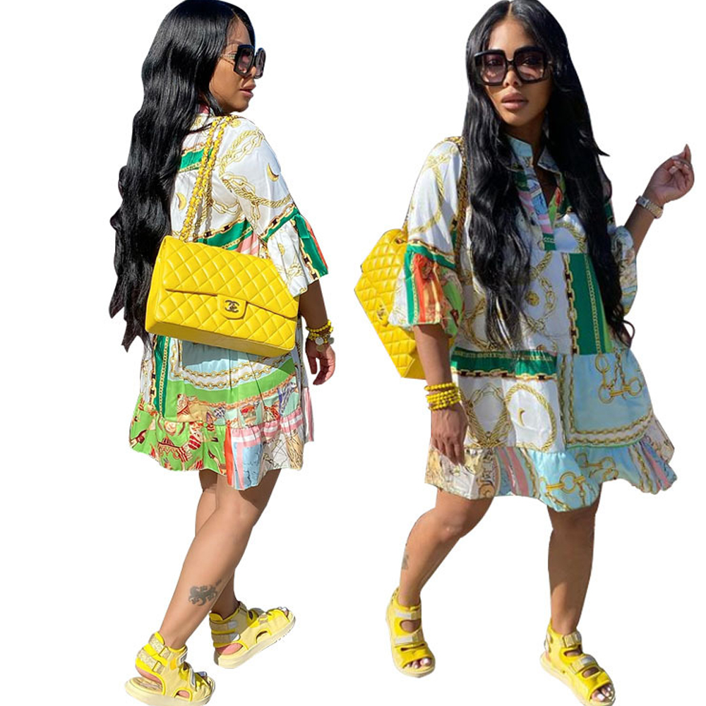 Macymars™ Summer Fashion Casual Loose Printing Trend Stand Collar Three-quarter Sleeve Mid-waist Dress