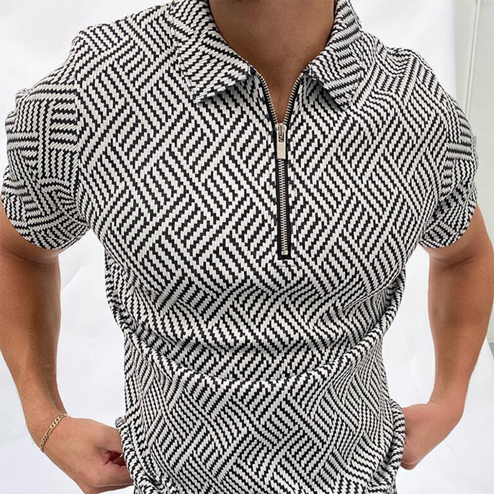 Macymars™ Men's Check Lapel Short Sleeve Zip Polo Shirt