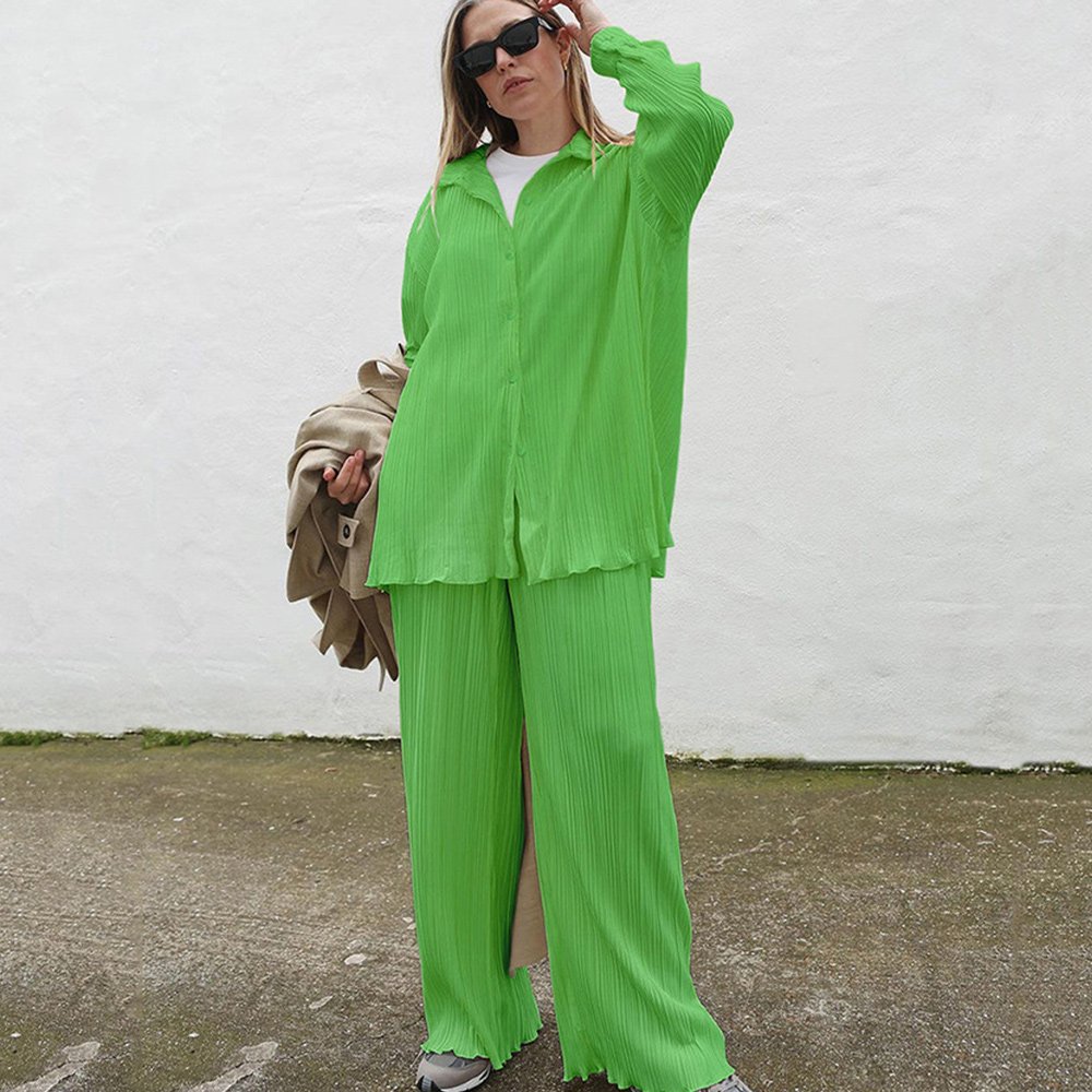 Macymars™ Women Clothing Retro Casual Fashion Fashion Suit 2022 Long Sleeve Loose-Fitting Pleated Wide Leg Pants Two-Piece Set