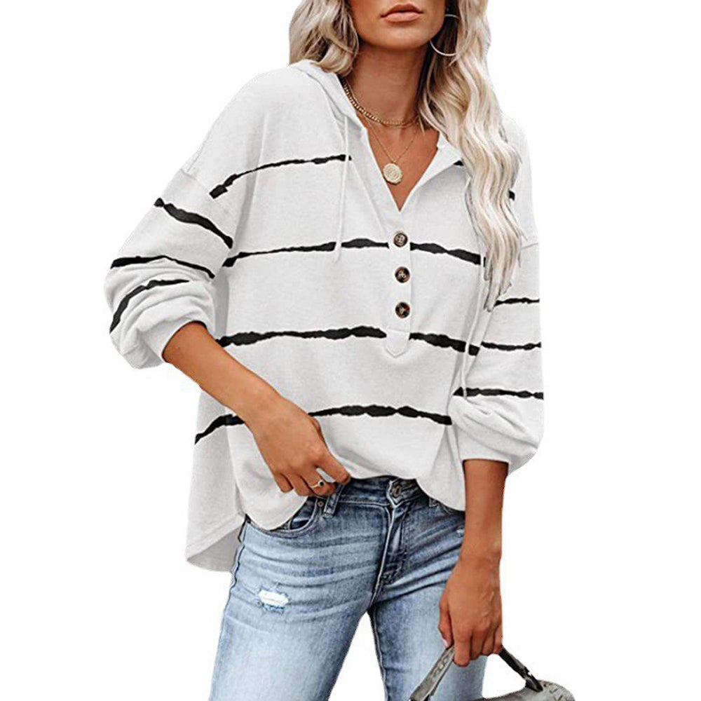 Macymars™ Women's Striped V-Neck Button Hooded Loose Long Sleeve Sweatshirt