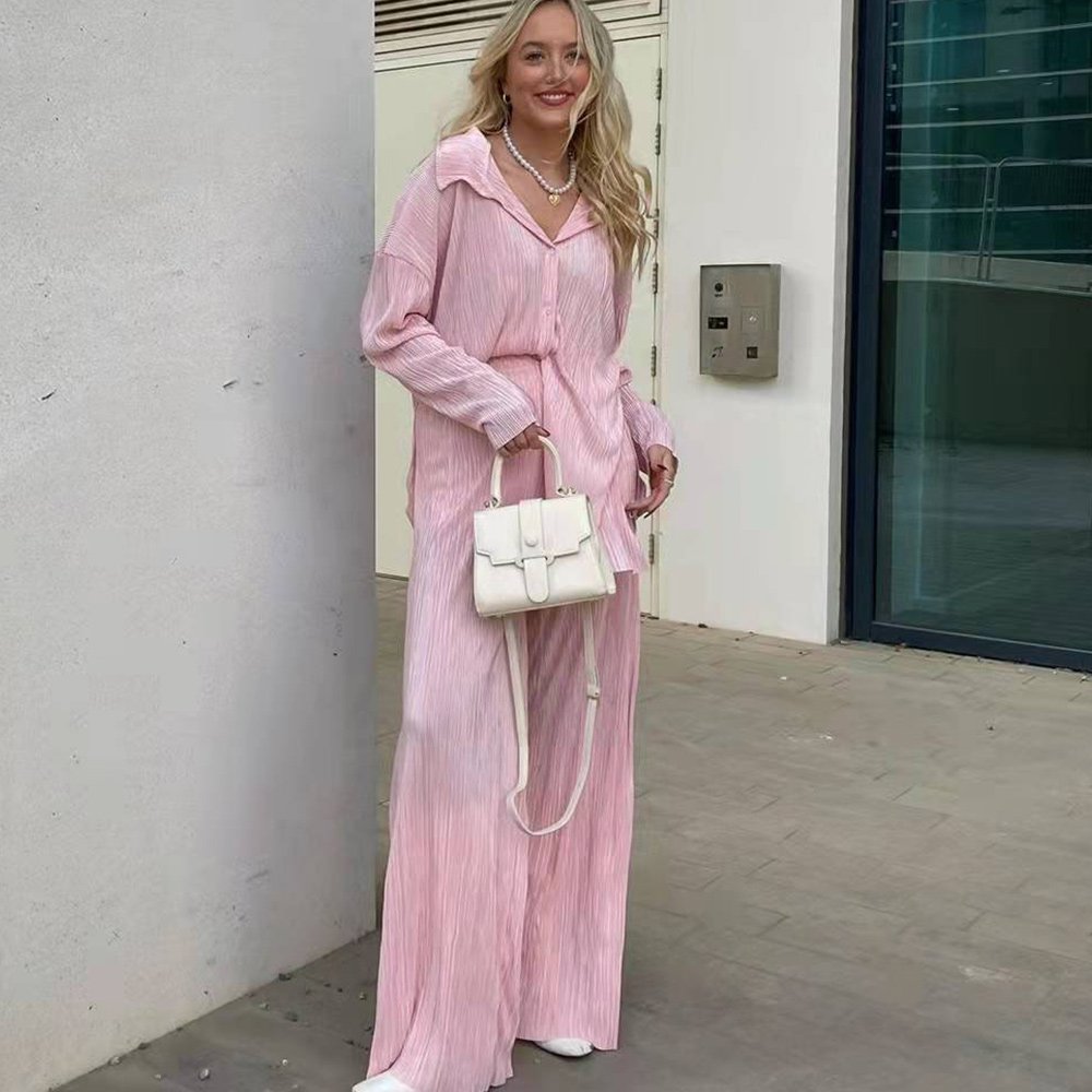 Macymars™ Women Clothing Retro Casual Fashion Fashion Suit 2022 Long Sleeve Loose-Fitting Pleated Wide Leg Pants Two-Piece Set