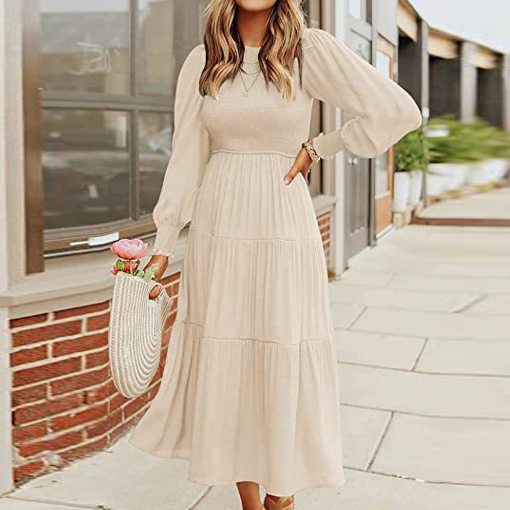 Macymars™ Women's Pleated Long Sleeve Round Neck Dress