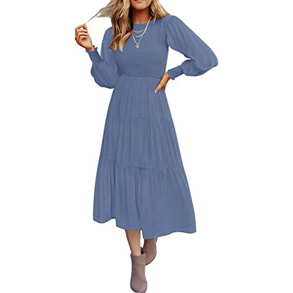 Macymars™ Women's Pleated Long Sleeve Round Neck Dress