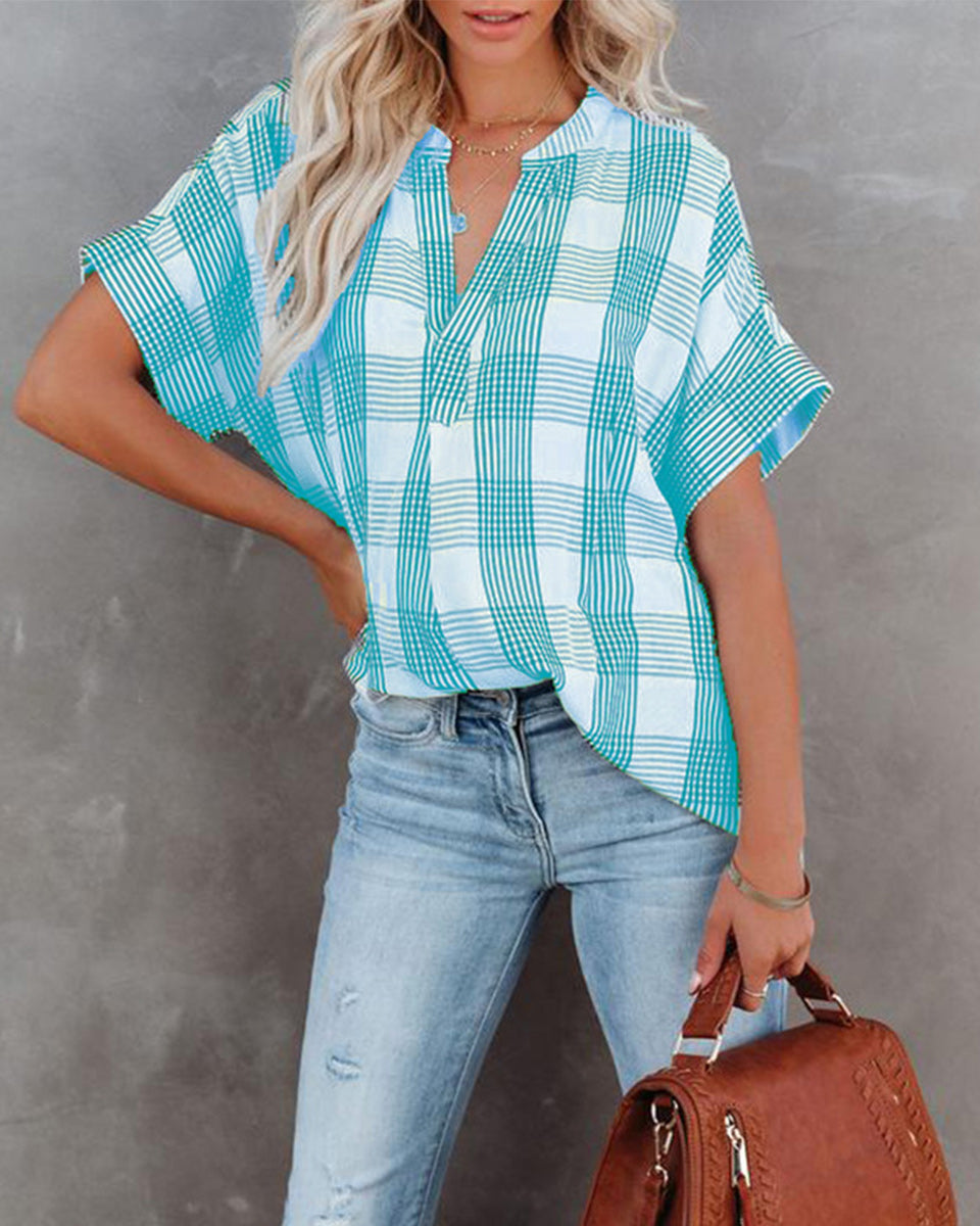 Macymars™ Women Plaid V Neck Loose Casual Basic T-Shirt