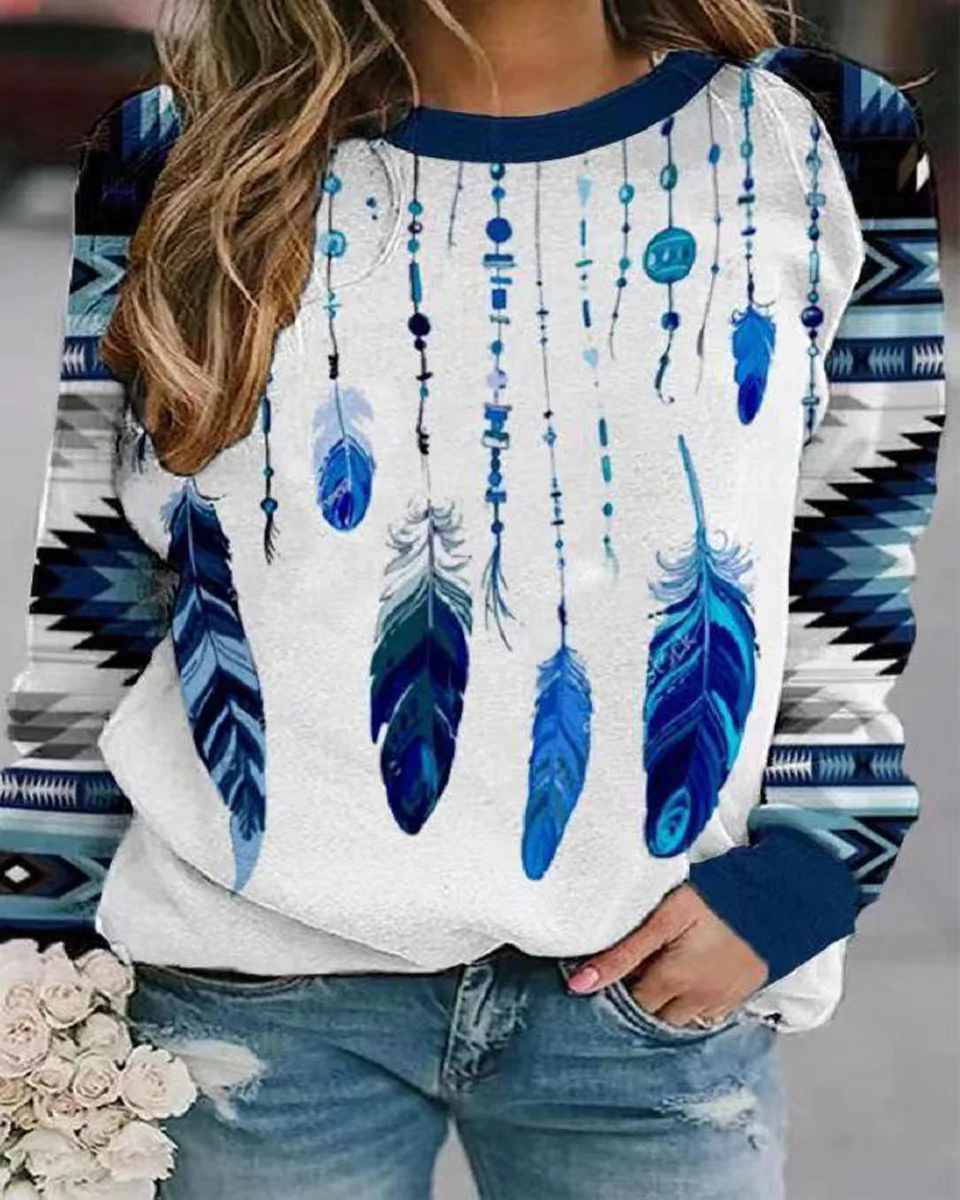 Macymars™ Women Retro Print Crew Neck Long Sleeve Sweatshirt Top