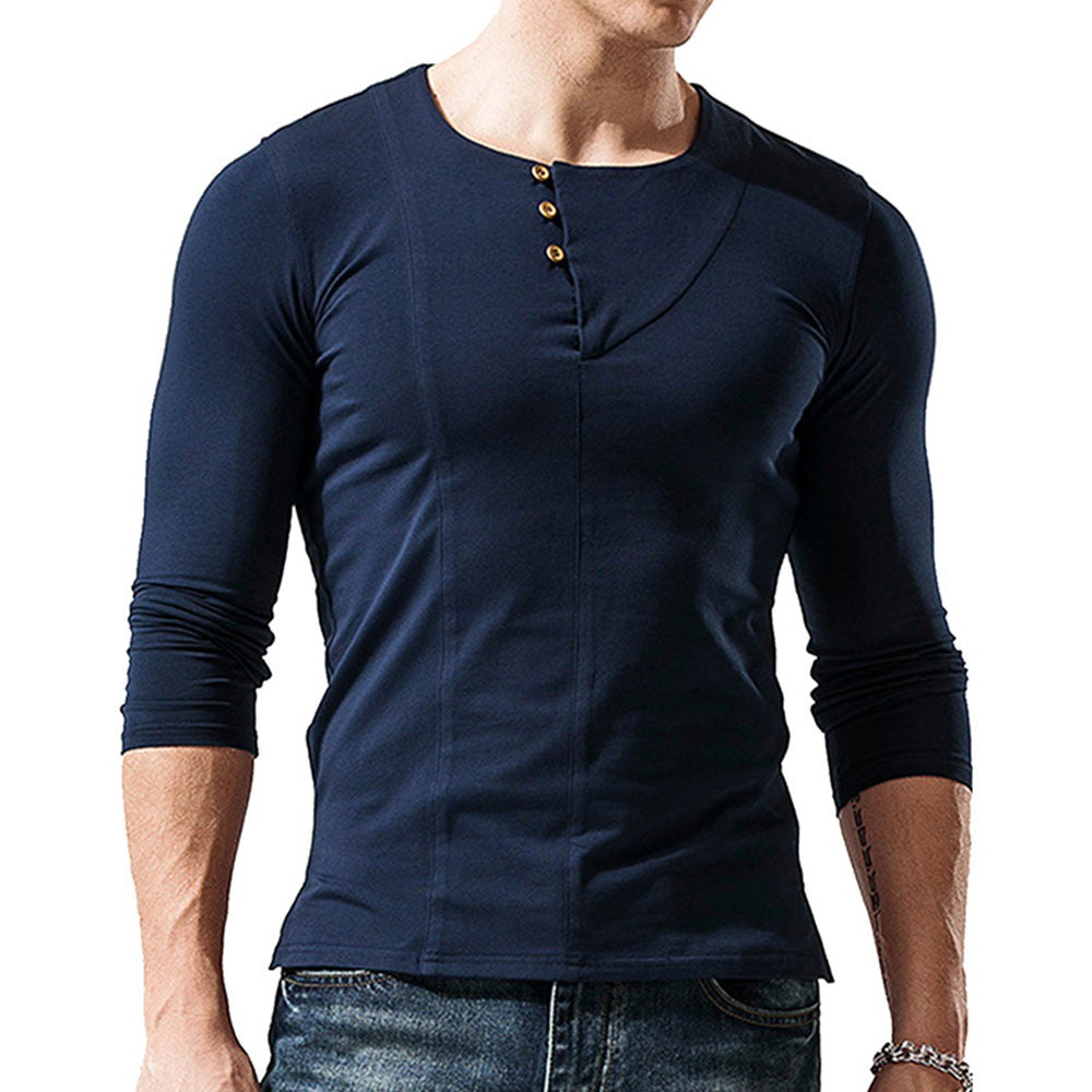 Macymars™ Men's Long Sleeve Solid Color Round Neck Button T-Shirt