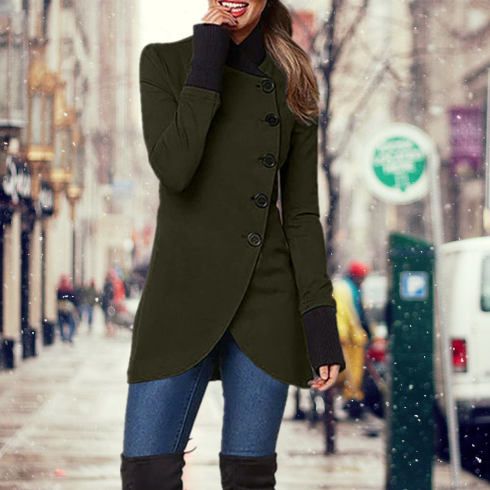 Macymars™ Women's Solid Color Elegant Diagonal Placket Single Breasted Mid Length Coat