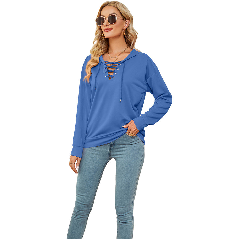 Macymars™ Women's Neck Tie Long Sleeve Hooded Sweatshirt