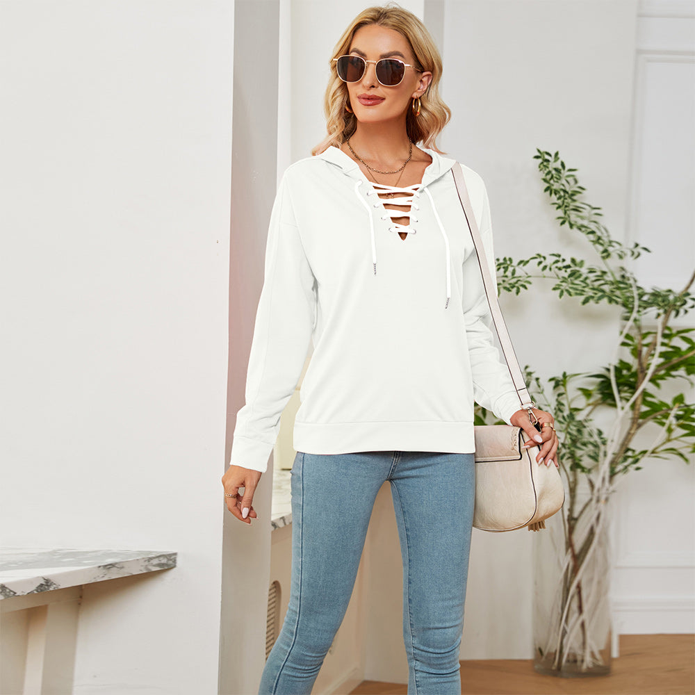 Macymars™ Women's Neck Tie Long Sleeve Hooded Sweatshirt