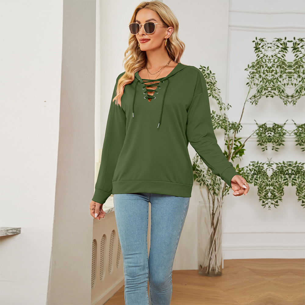 Macymars™ Women's Neck Tie Long Sleeve Hooded Sweatshirt