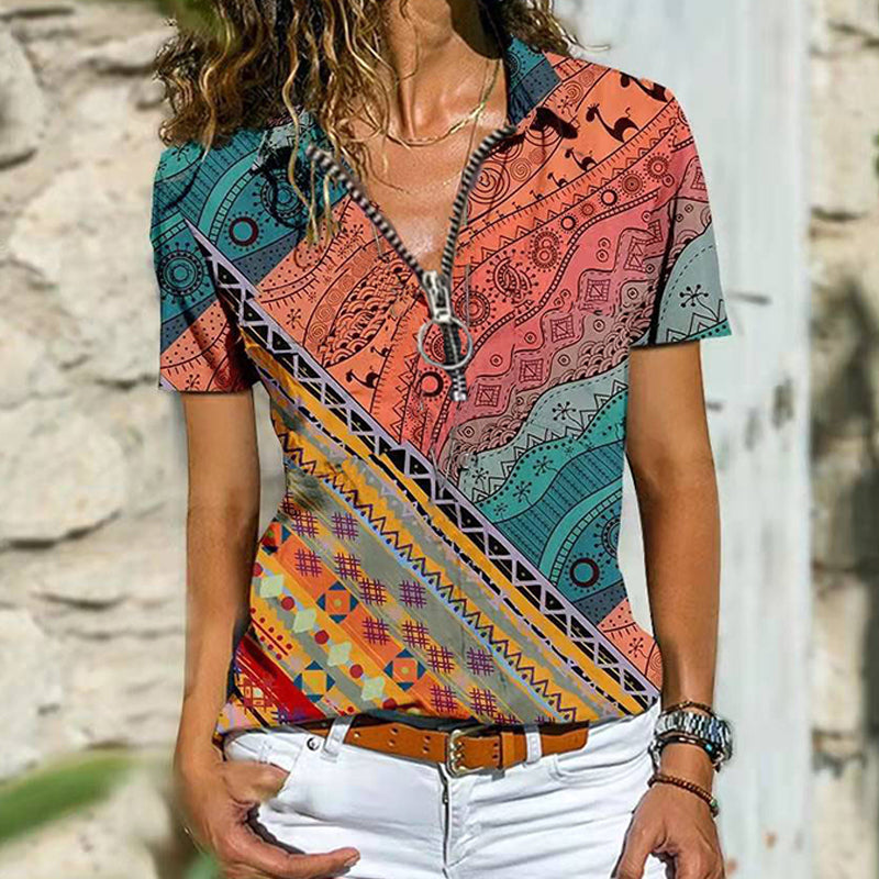 Macymars™ Spring And Summer Bohemian Ethnic Zip Short Sleeve Women's T-Shirt