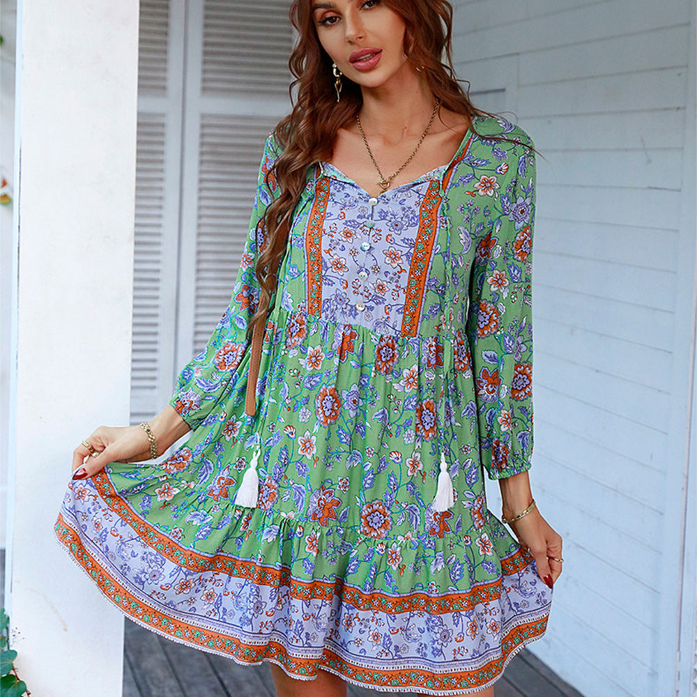 Macymars™ Casual V Neck Long Sleeve Spring Summer Floral Bohemian Short Dress for Women Boho Mini Skirt