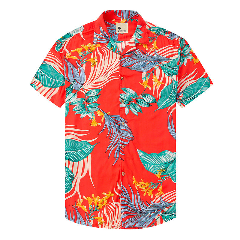 Macymars™ Fashion Hawaiian Orange Flower Print Beach Men's Bowling Shirt