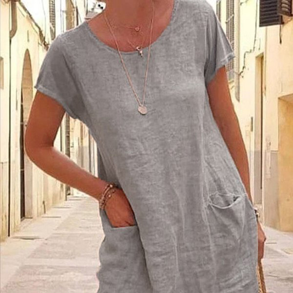 Macymars™ Summer Loose Solid Color Cotton Linen Pocket Crew Neck Dress