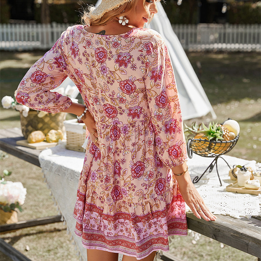 Macymars™ Casual V Neck Long Sleeve Spring Summer Floral Bohemian Short Dress for Women Boho Mini Skirt