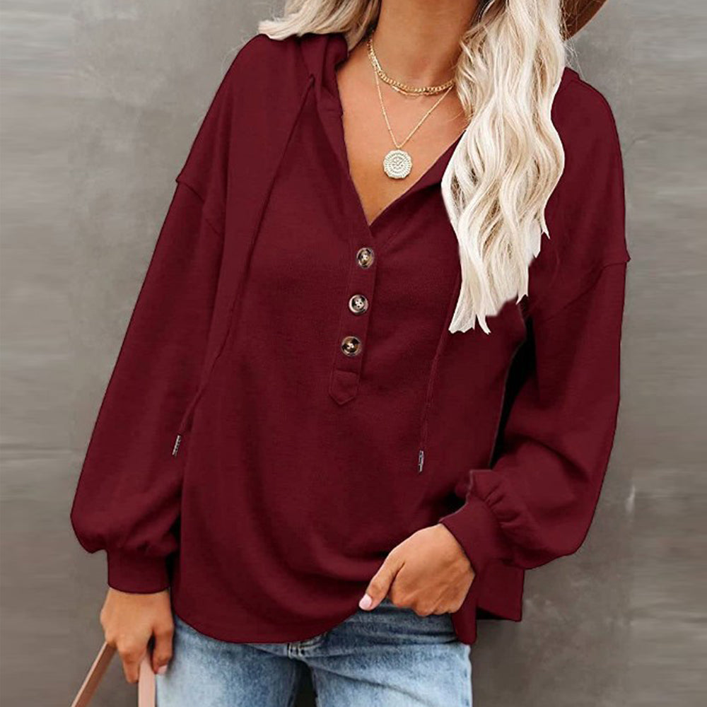 Macymars™ Women's Solid Color V-Neck Button Hooded Loose Long Sleeve Sweatshirt