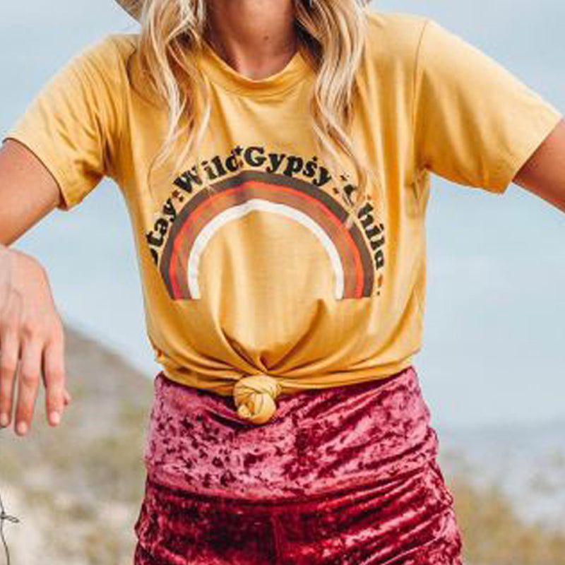 Macymars™ Fashionable Women's Rainbow Stay Wild Gypsy Child Print Yellow T-Shirt