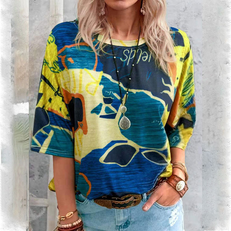 Macymars™ Fashion Casual Geometric Contrast Print Crew Neck Women's T-Shirt