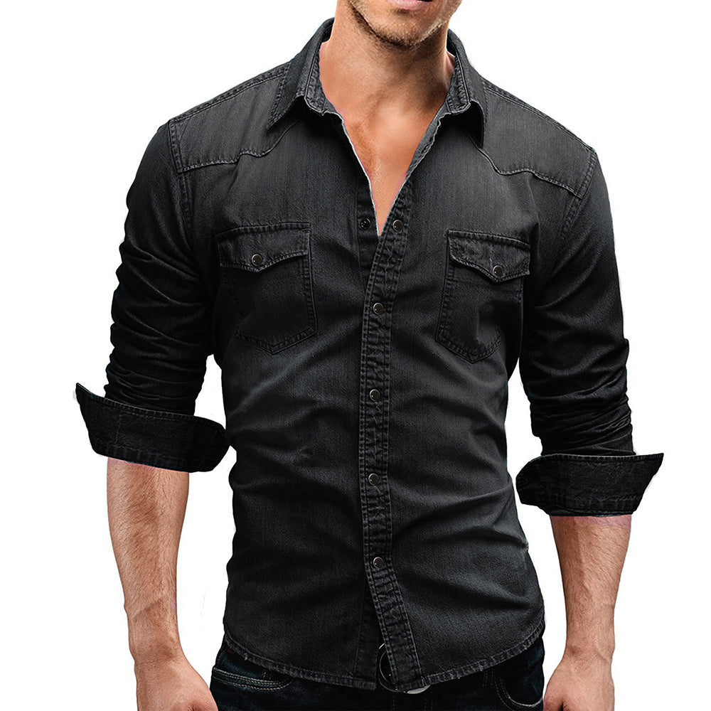 Macymars™ Men's Long Sleeve Lapel Pocket Denim Shirt
