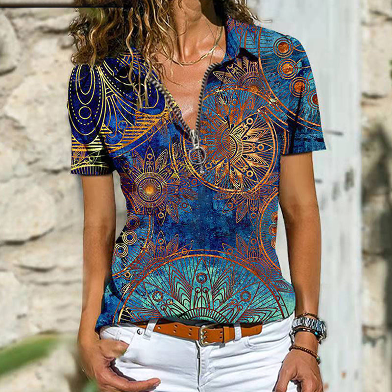 Macymars™ Spring And Summer Bohemian Ethnic Zip Short Sleeve Women's T-Shirt