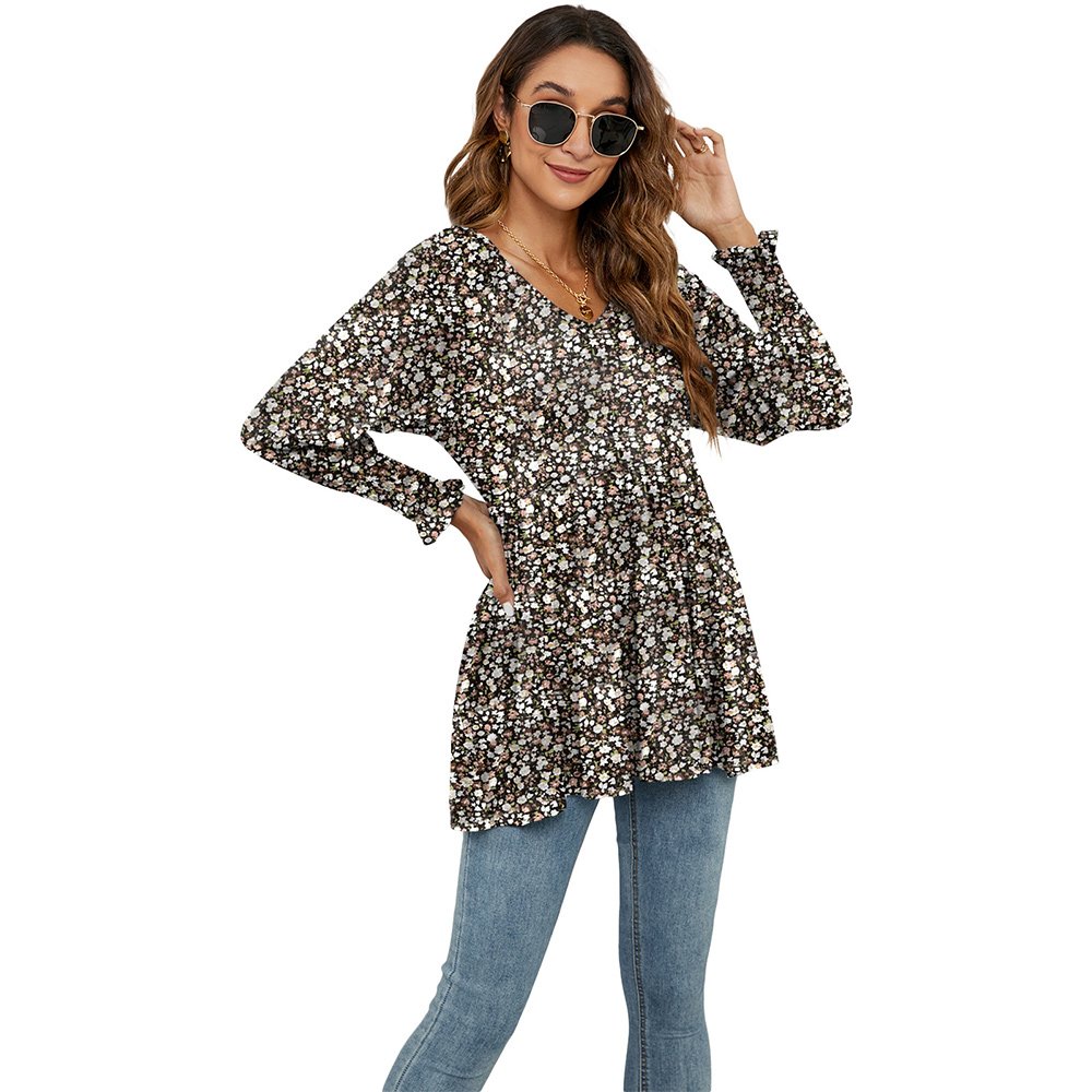 Macymars™ Women Swing Hem Long Sleeve Tops Bohemian Work Floral Print Pullover V Neck Tunic Blouse