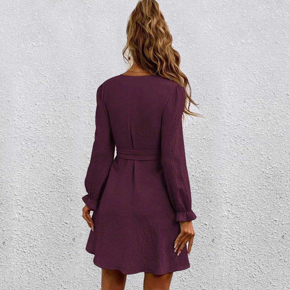 Macymars™ Women Long Sleeve Solid Color V Neck Loose Mid Swing Dresses