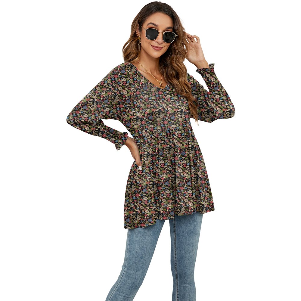 Macymars™ Women Swing Hem Long Sleeve Tops Bohemian Work Floral Print Pullover V Neck Tunic Blouse