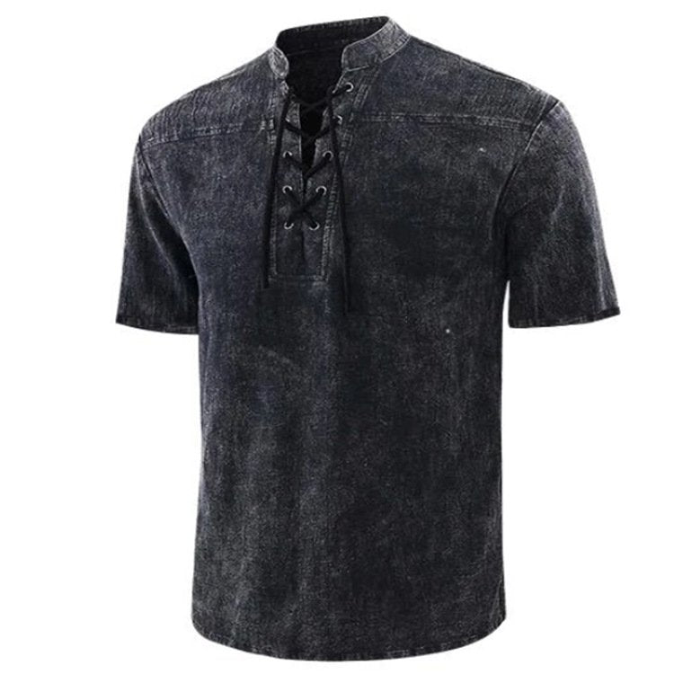 Macymars™ Men Gothic Retro T Shirt Lace-up V-neck Linen Pocket Short Sleeve Tee Shirt Loose Tops
