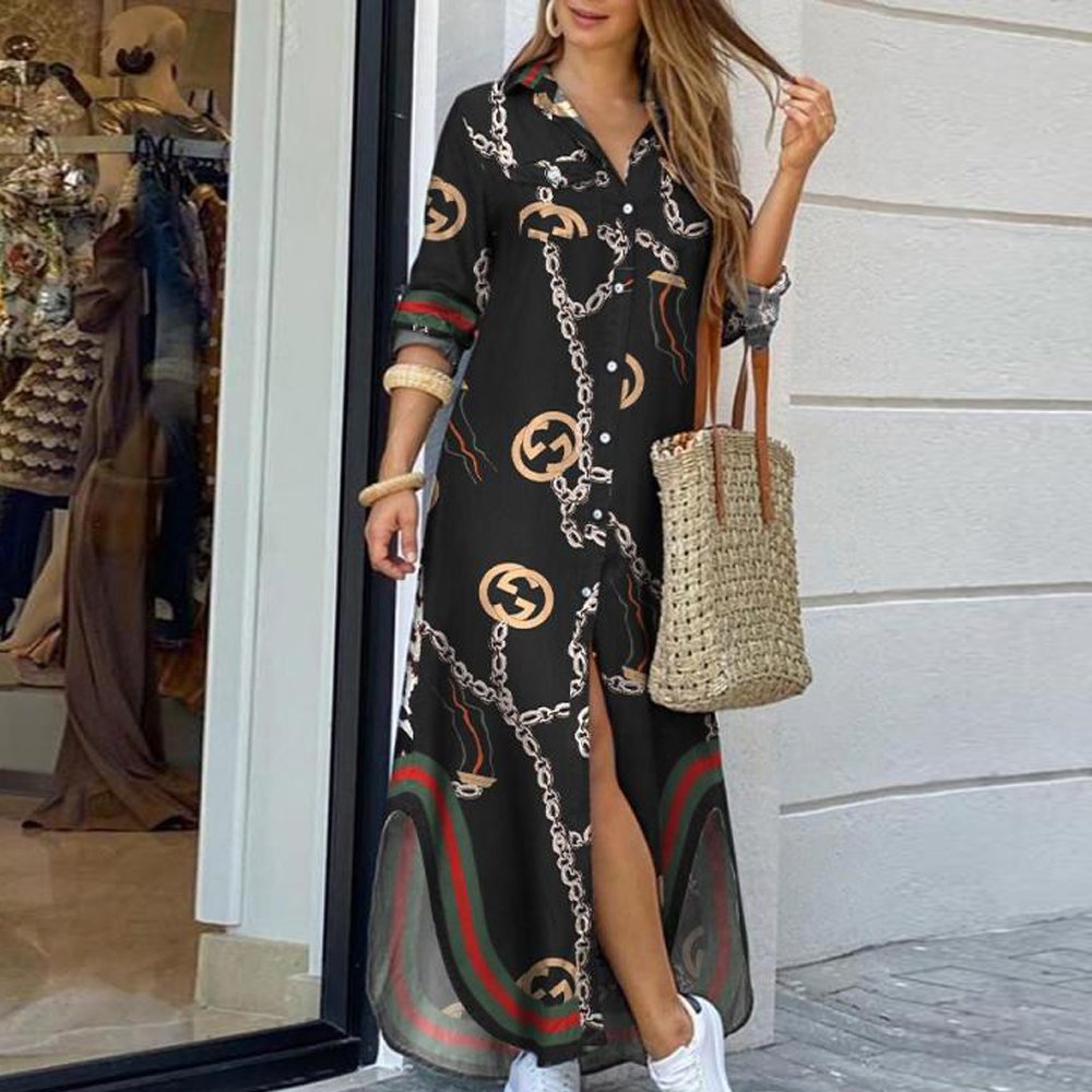 Macymars™ Fashion Buttoned Slit Shirt Party Casual Loose Long Sleeve Dresses
