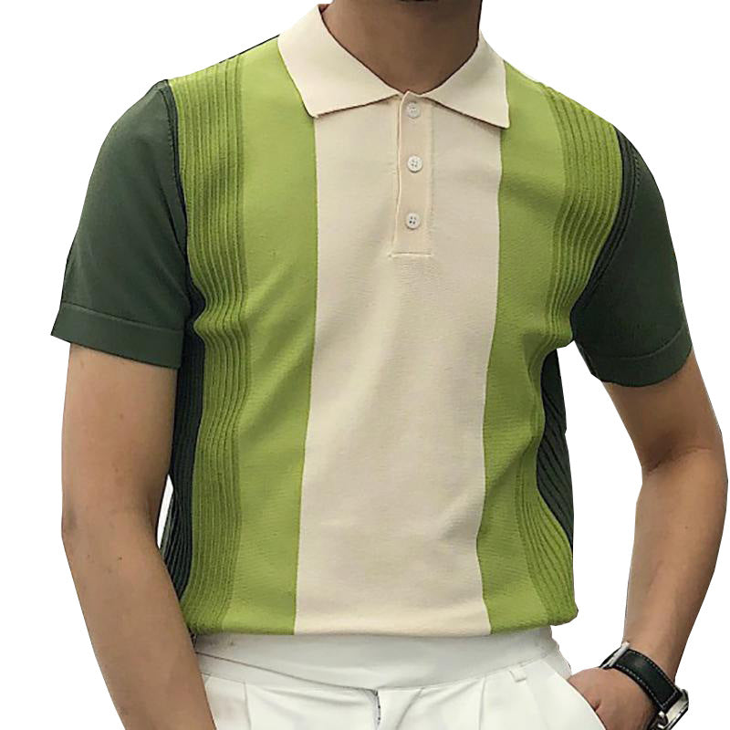 Macymars™ Fashionable Green Striped Knit Men's Bowling Shirt