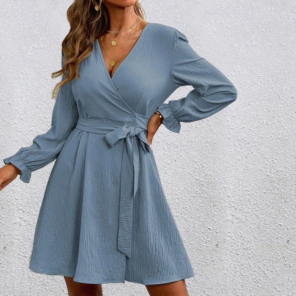 Macymars™ Women Long Sleeve Solid Color V Neck Loose Mid Swing Dresses