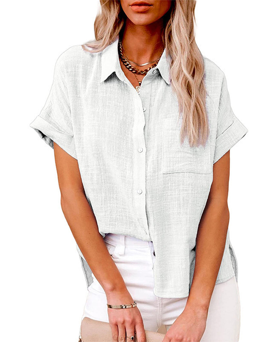 Macymars™ Women's Summer Solid Color Linen Short Sleeve Shirt