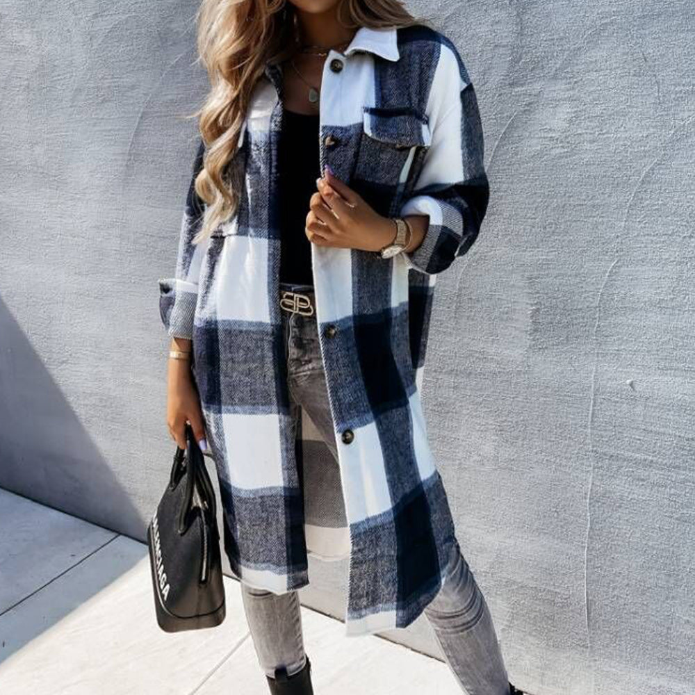 Macymars™ Women's Fashion Long Plaid Shirt Jacket