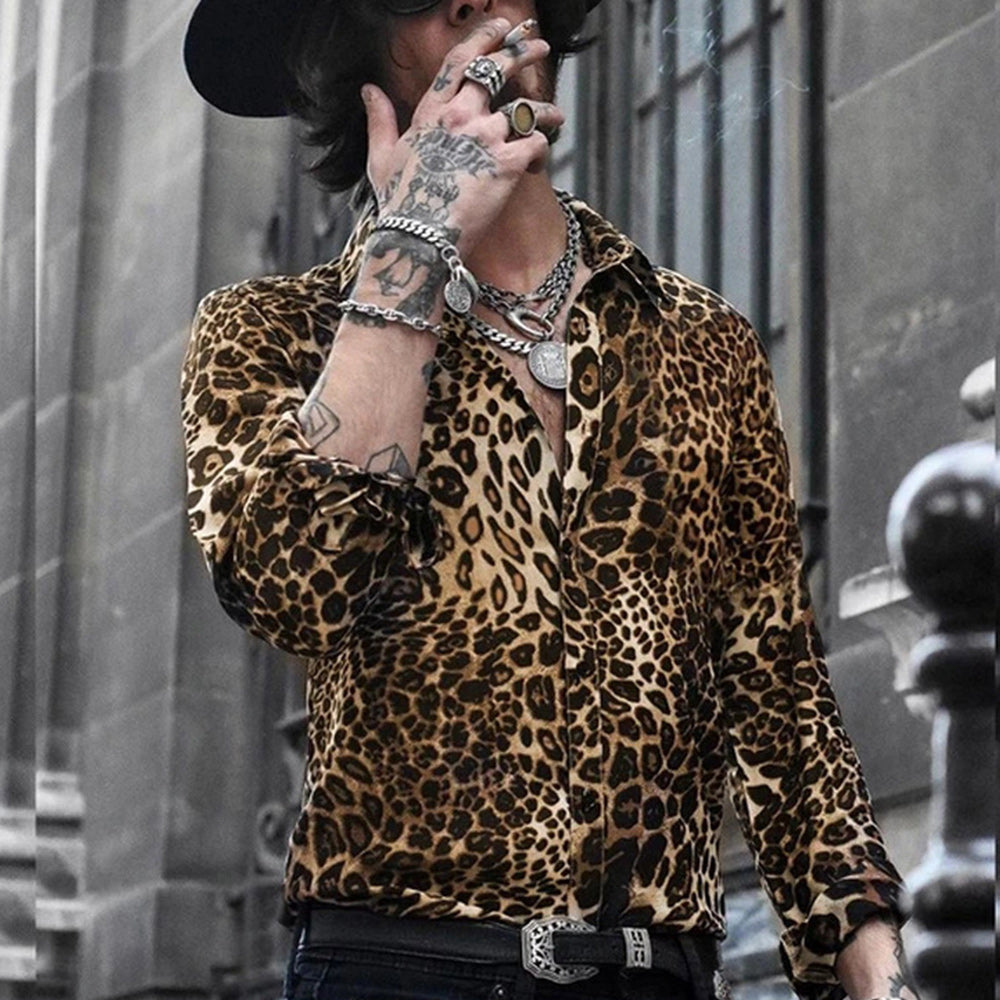 Macymars™ Men's Leopard Print Lapel Long Sleeve Shirt