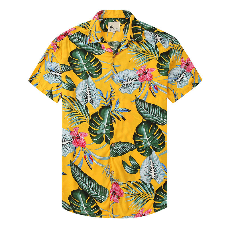 Macymars™ Fashion Hawaiian Green Leaf Red Flower With Yellow Print Beach Men's Bowling Shirt