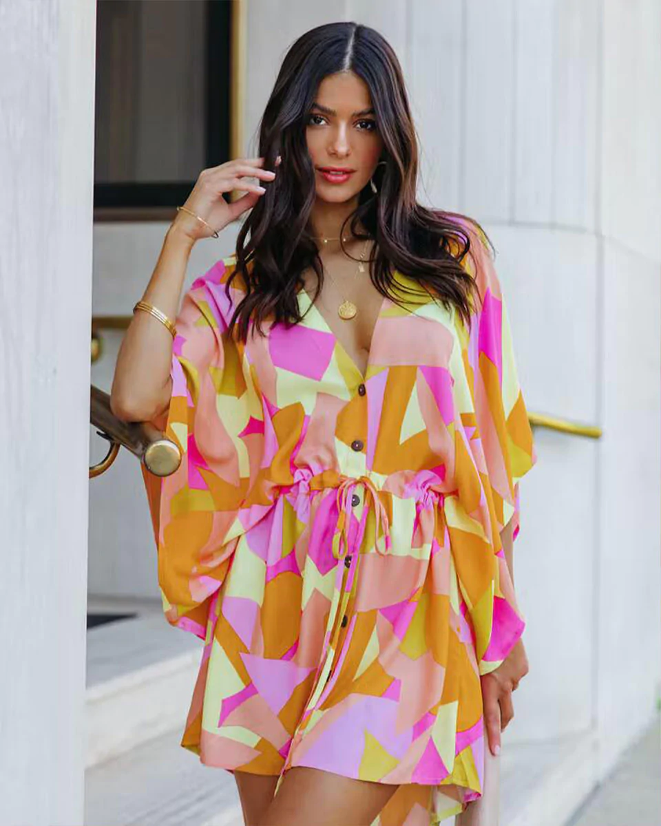 Macymars™ Printed V-Neck Bat Sleeve Button Drawstring Dress 2022 New